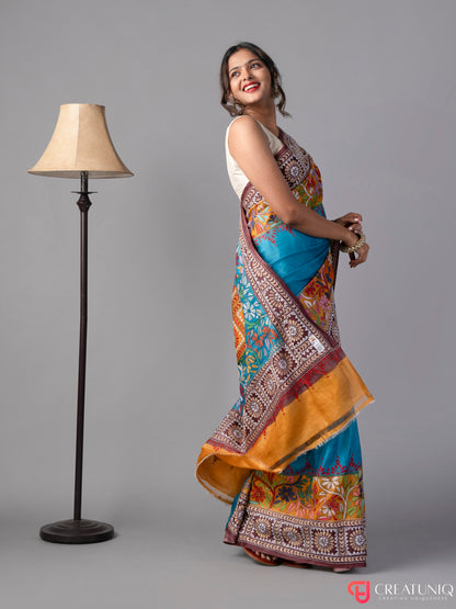 Blue-Yellow Floral Kantha Embroidered Silk Saree