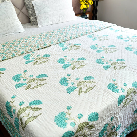 Blue Blossom Melody Reversible Hand Block Printed Cotton Quilt