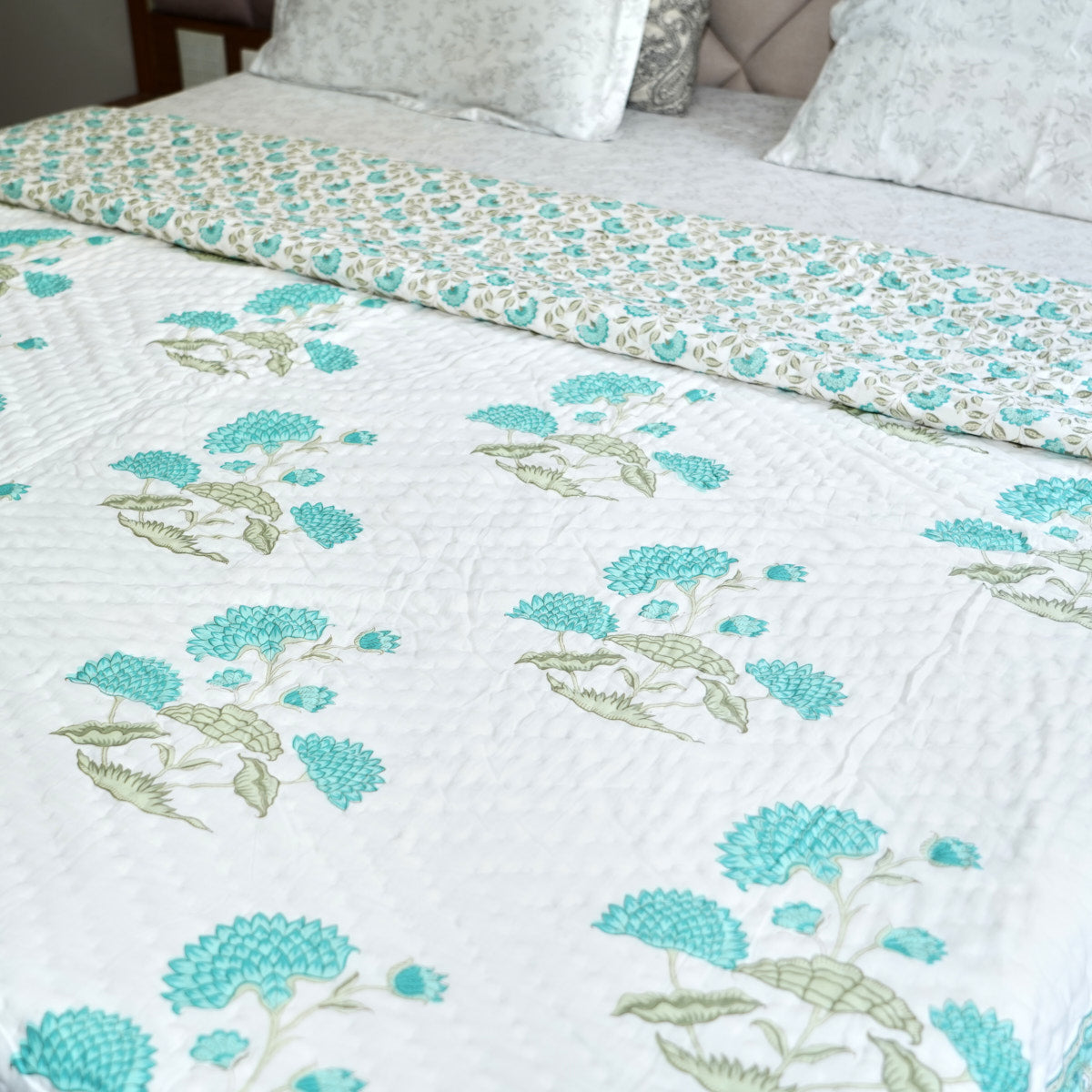 Blue Blossom Melody Reversible Hand Block Printed Cotton Quilt