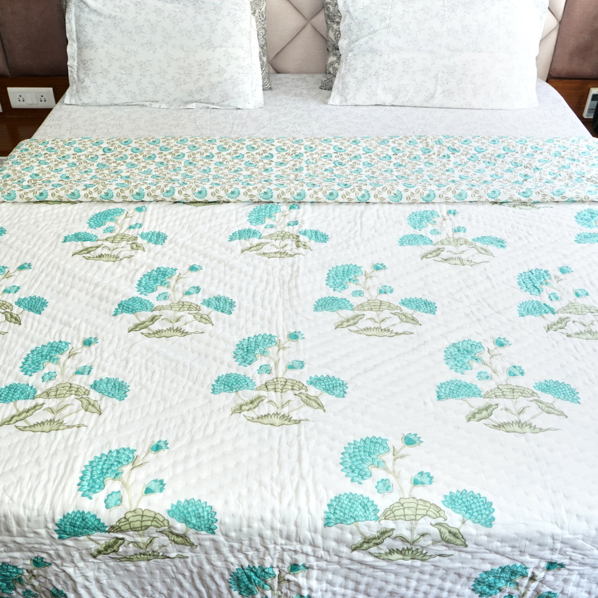 Blue Blossom Melody Reversible Hand Block Printed Cotton Quilt
