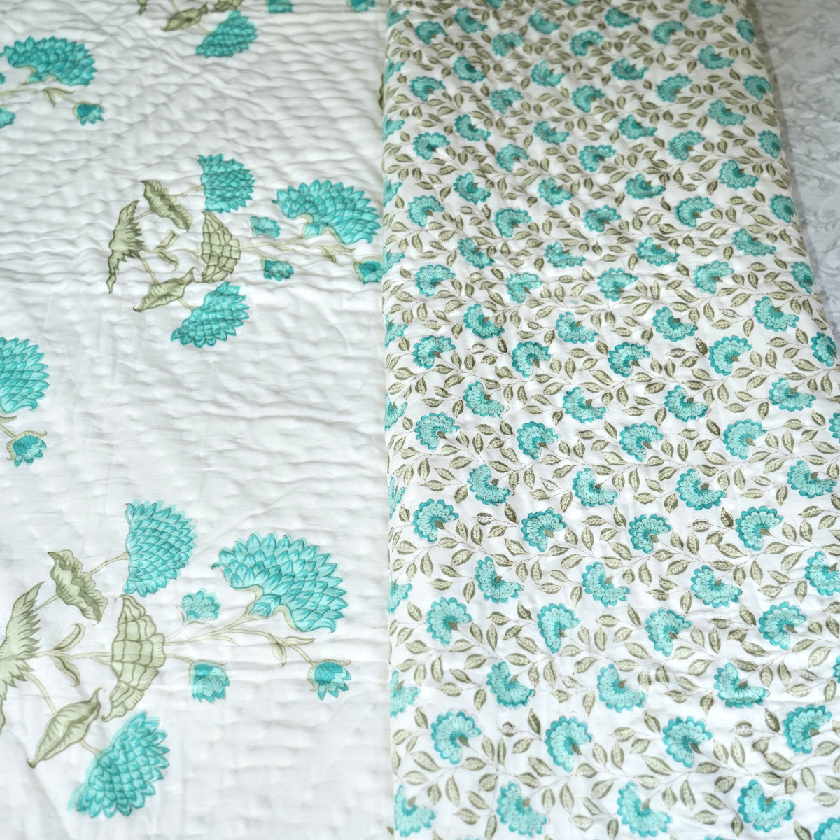 Blue Blossom Melody Reversible Hand Block Printed Cotton Quilt