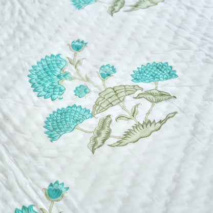 Blue Blossom Melody Reversible Hand Block Printed Cotton Quilt