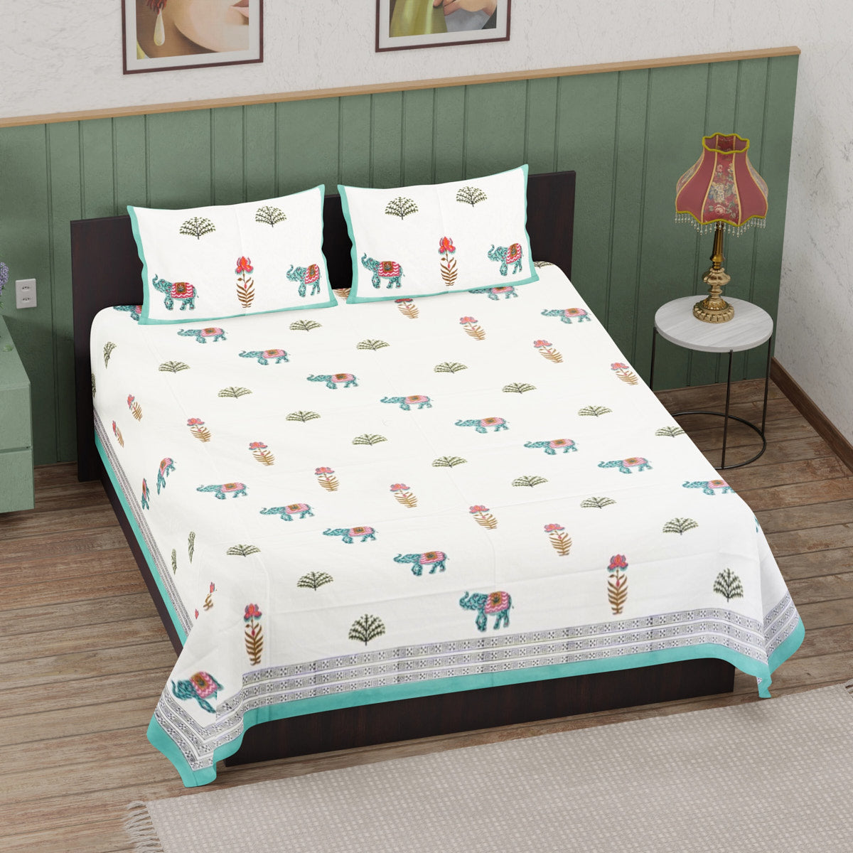 Blue Elephant Floral Hand Block Printed Cotton Bedsheet