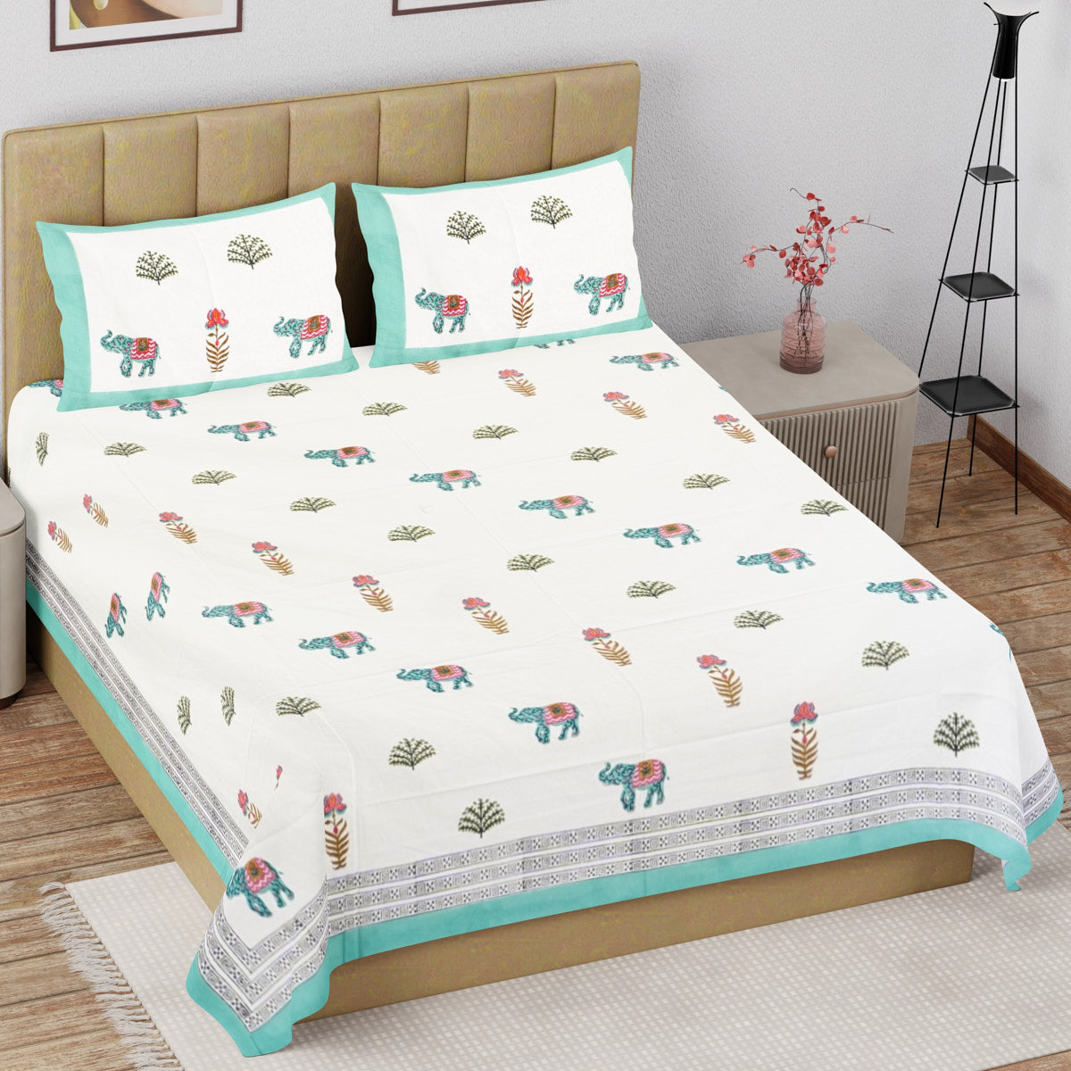 Blue Elephant Floral Hand Block Printed Cotton Bedsheet