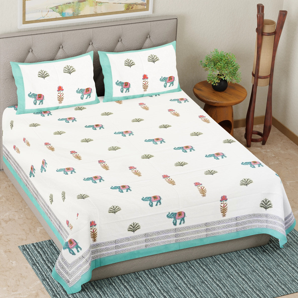 Blue Elephant Floral Hand Block Printed Cotton Bedsheet