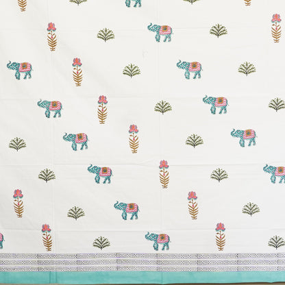 Blue Elephant Floral Hand Block Printed Cotton Bedsheet