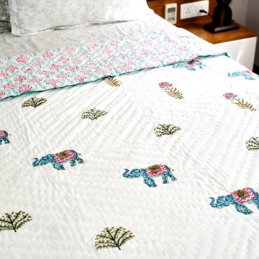 Blue Elephant Floral Reversible Hand Block Printed Cotton Quilt