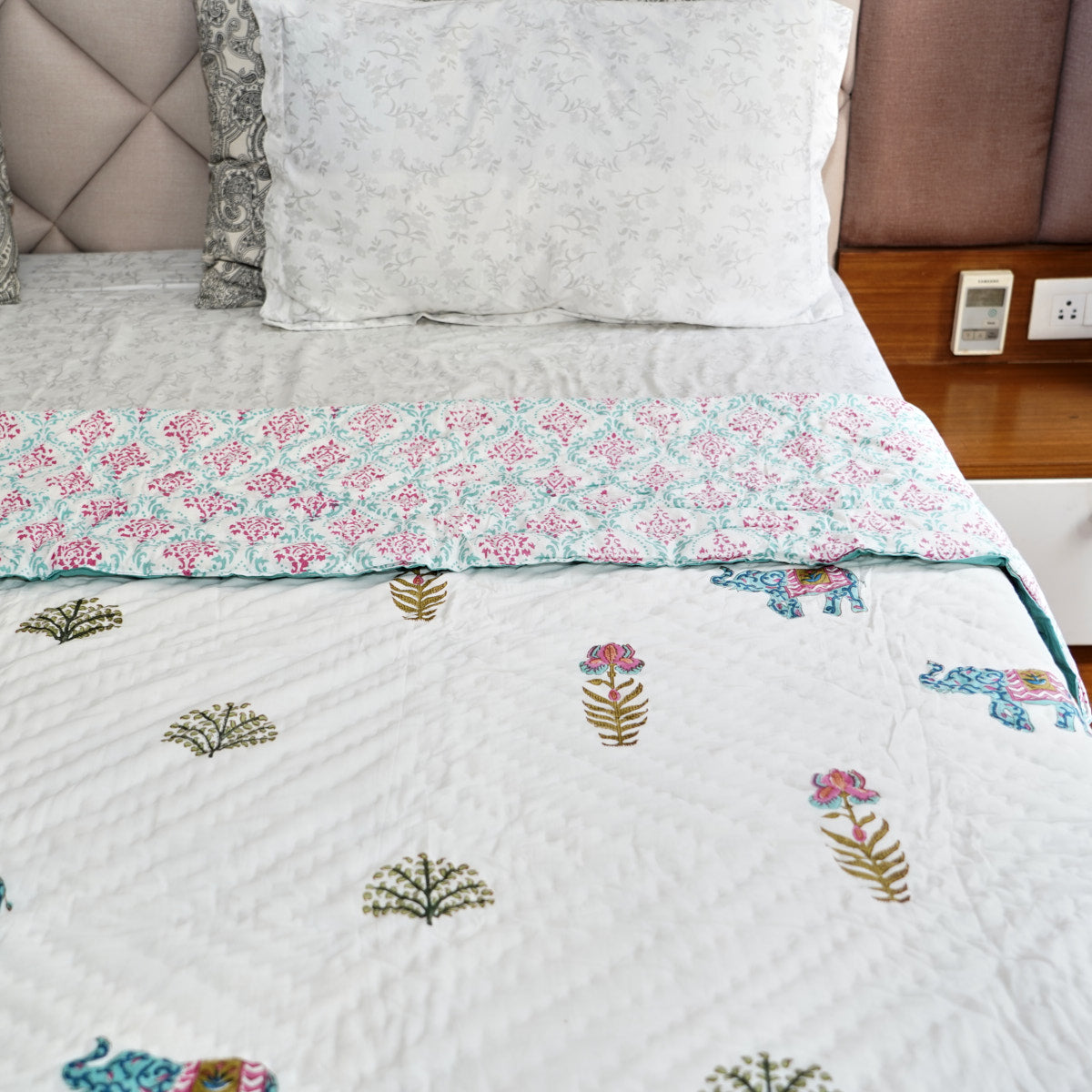 Blue Elephant Floral Reversible Hand Block Printed Cotton Quilt