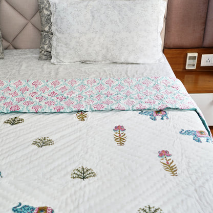 Blue Elephant Floral Reversible Hand Block Printed Cotton Quilt
