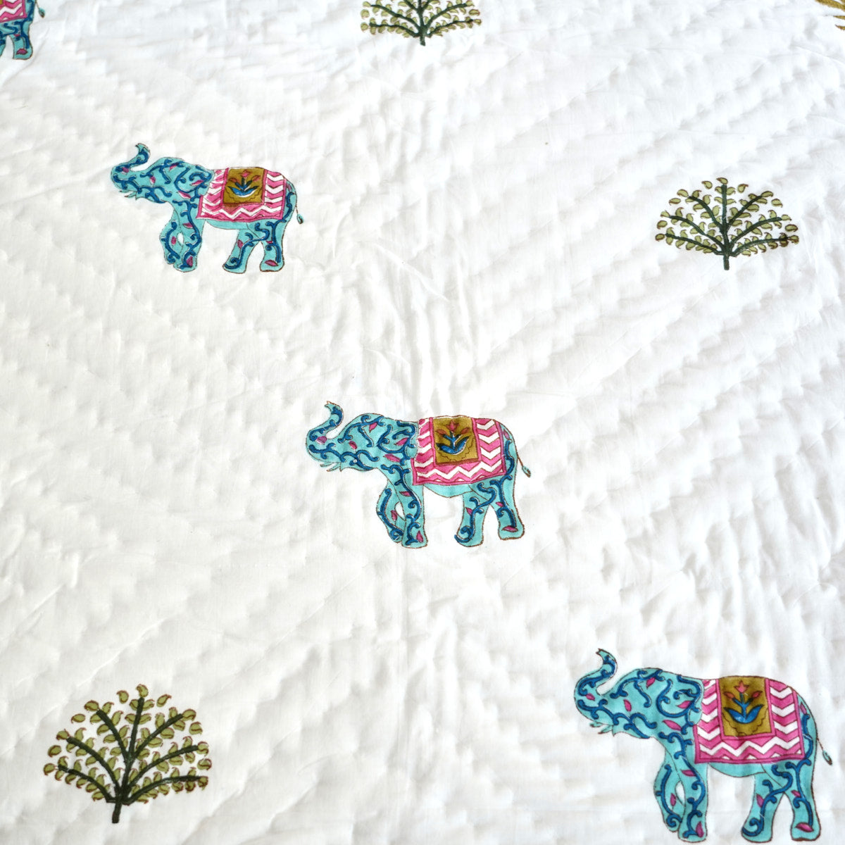 Blue Elephant Floral Reversible Hand Block Printed Cotton Quilt
