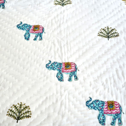 Blue Elephant Floral Reversible Hand Block Printed Cotton Quilt