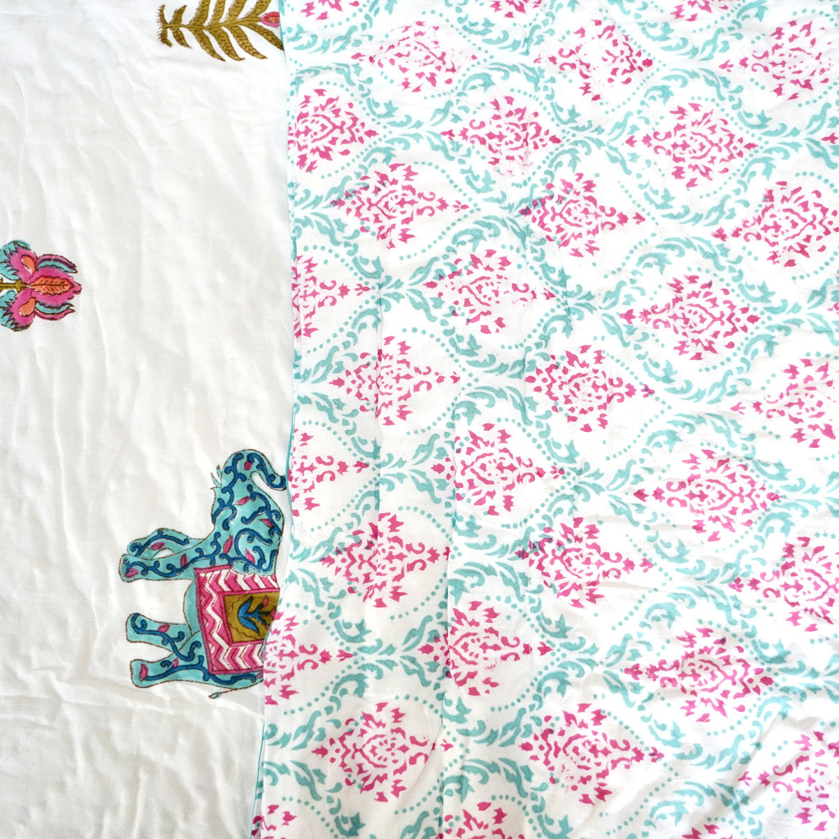 Blue Elephant Floral Reversible Hand Block Printed Cotton Quilt