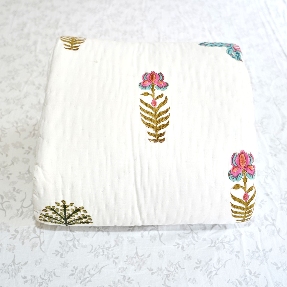 Blue Elephant Floral Reversible Hand Block Printed Cotton Quilt