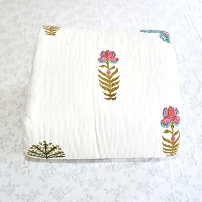 Blue Elephant Floral Reversible Hand Block Printed Cotton Quilt