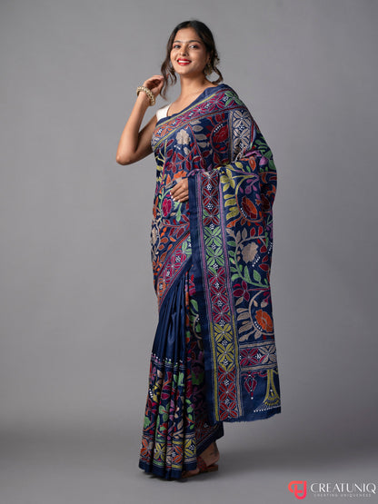 Blue Kantha Saree with Floral Embroidery in Pure Silk