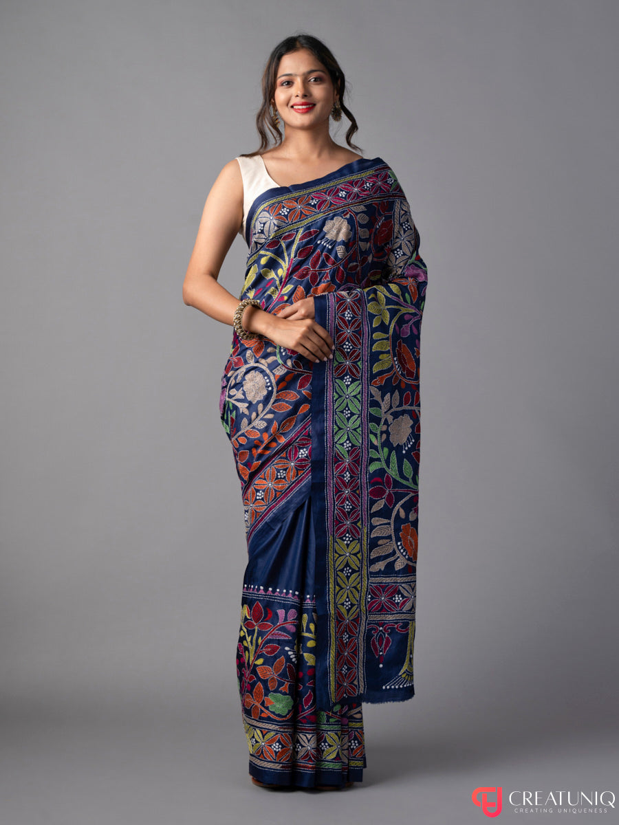 Blue Kantha Saree with Floral Embroidery in Pure Silk