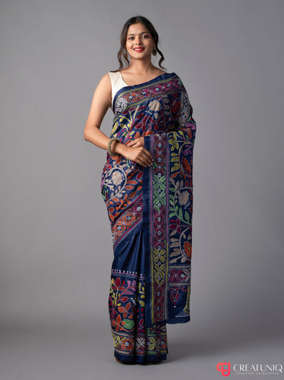 Blue Kantha Saree with Floral Embroidery in Pure Silk