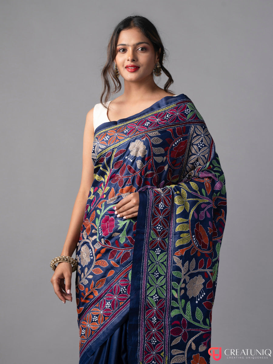 Blue Kantha Saree with Floral Embroidery in Pure Silk