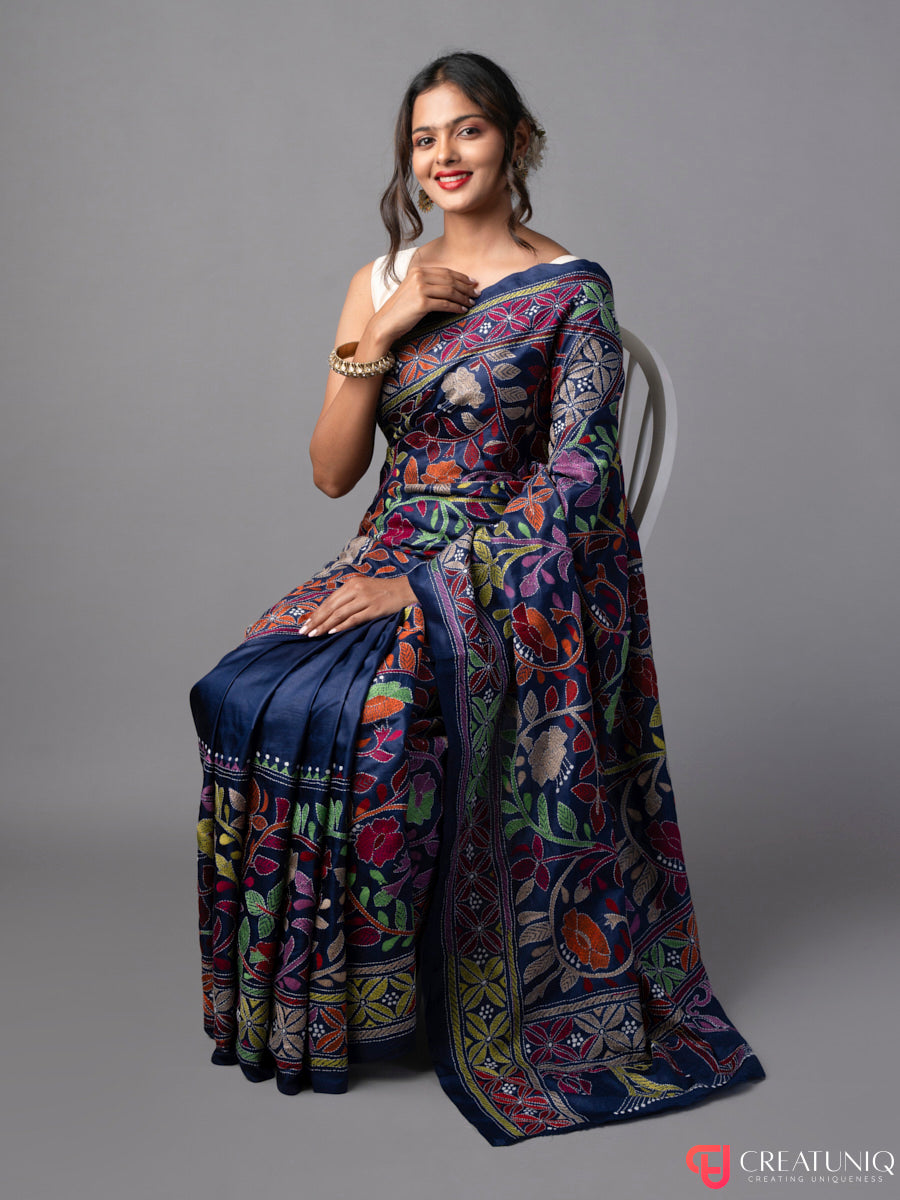 Blue Kantha Saree with Floral Embroidery in Pure Silk