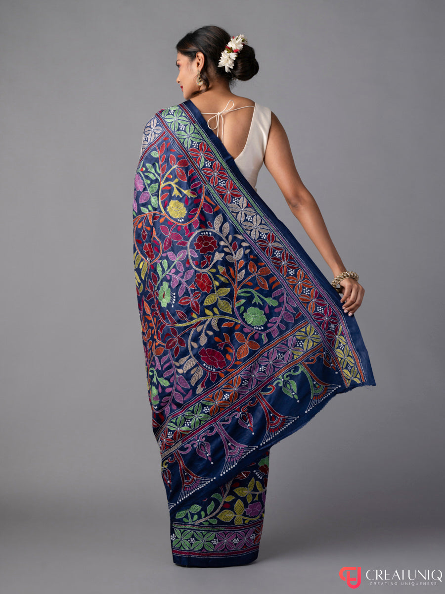 Blue Kantha Saree with Floral Embroidery in Pure Silk