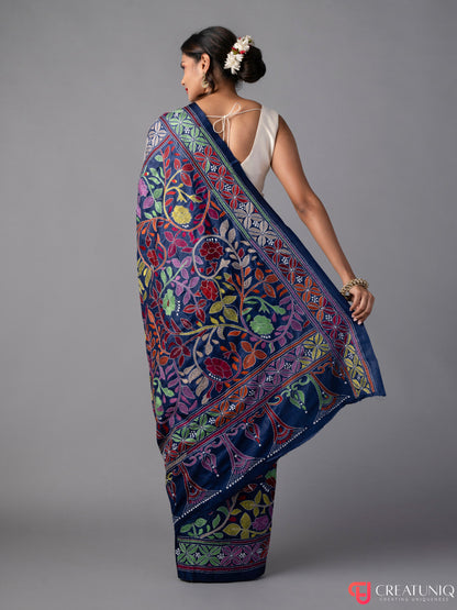 Blue Kantha Saree with Floral Embroidery in Pure Silk