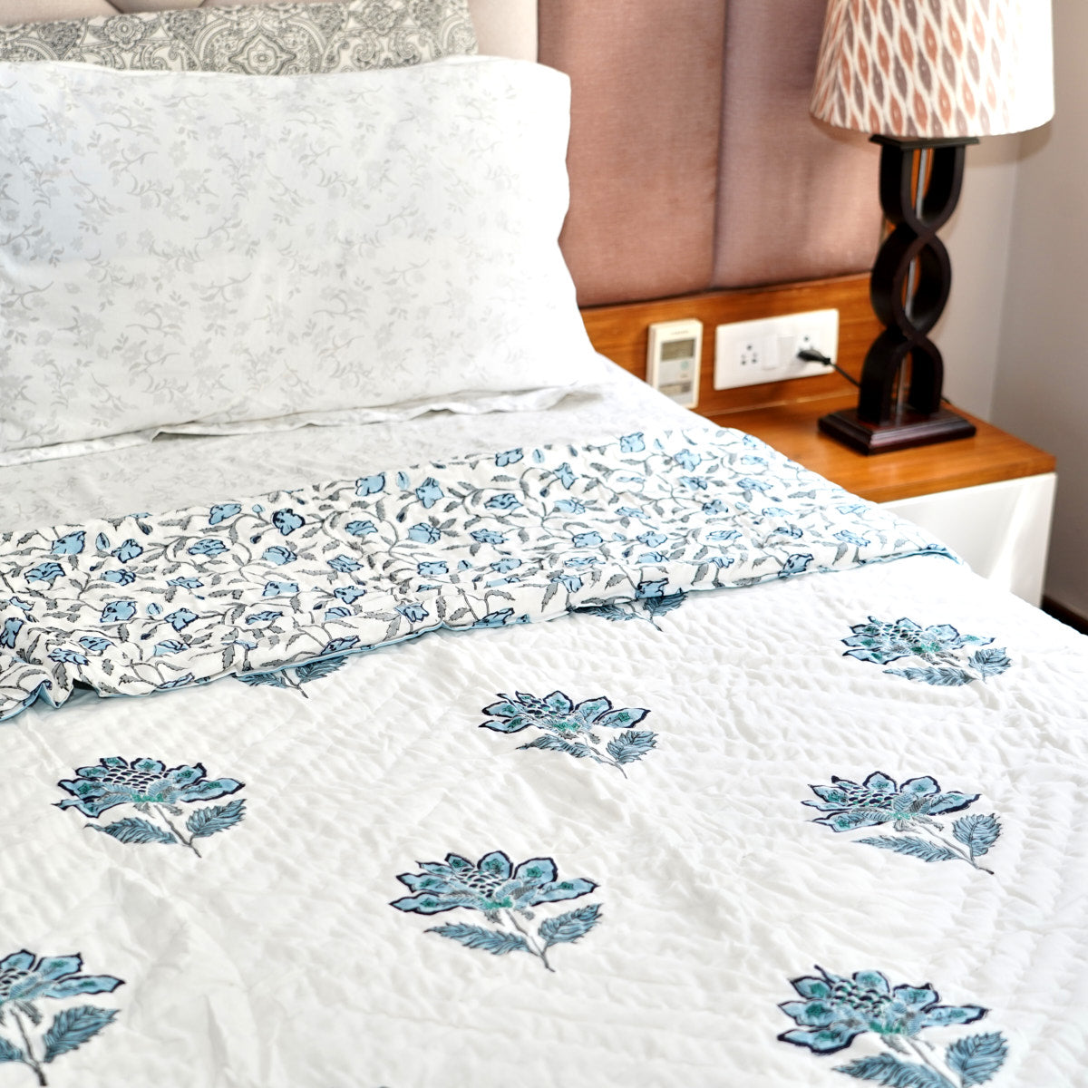 Blue Leafy Floral Reversible Hand Block Printed Cotton Quilt