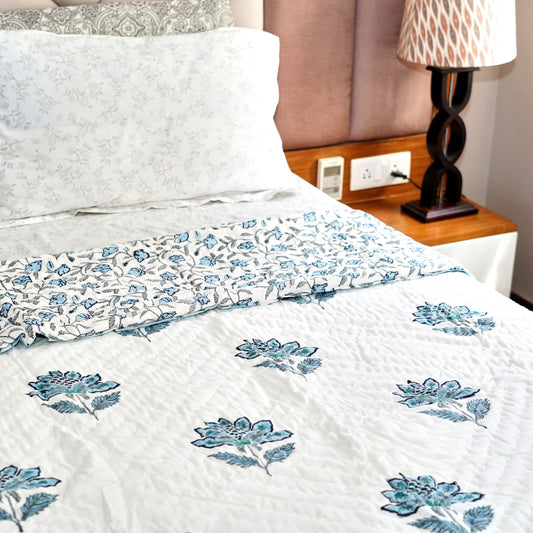 Blue Leafy Floral Reversible Hand Block Printed Cotton Quilt