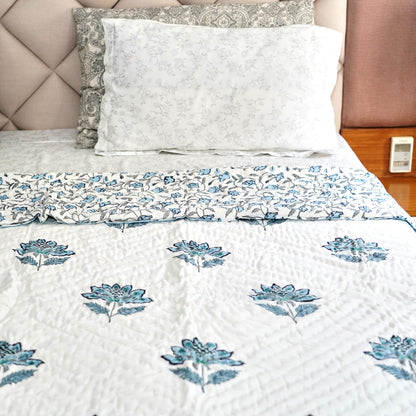 Blue Leafy Floral Reversible Hand Block Printed Cotton Quilt