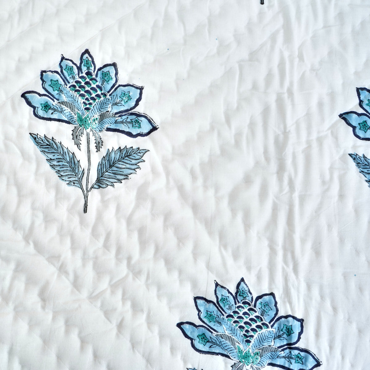 Blue Leafy Floral Reversible Hand Block Printed Cotton Quilt