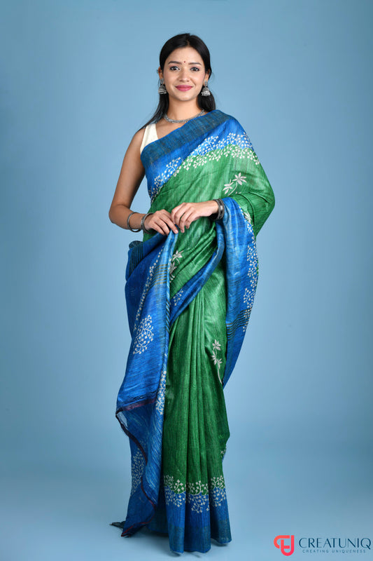 Blue and Green Handwoven Pure Silk Saree with Elegant Floral Designs