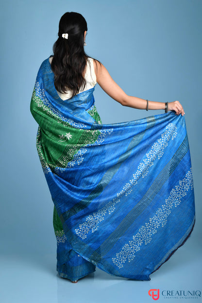 Blue and Green Handwoven Pure Silk Saree with Elegant Floral Designs
