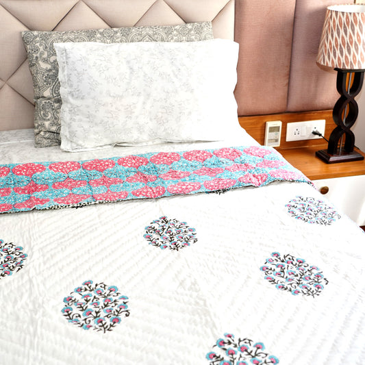 Blue and Red Floral Reversible Hand Block Printed Cotton Quilt