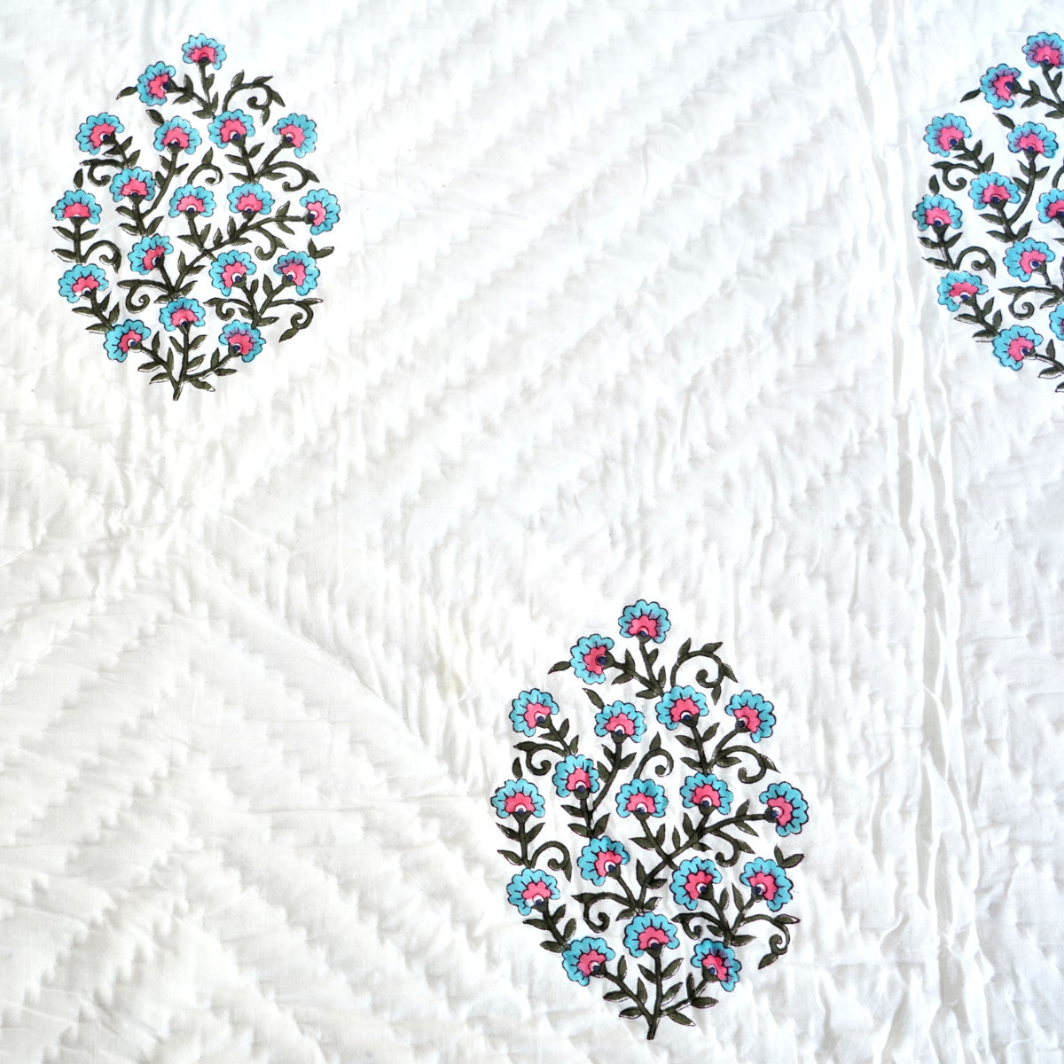 Blue and Red Floral Reversible Hand Block Printed Cotton Quilt