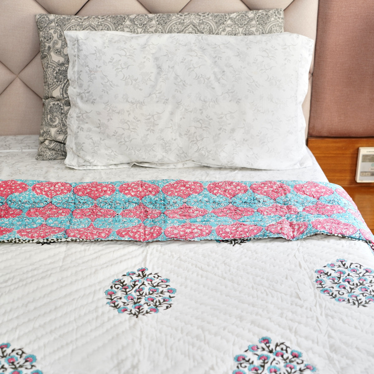 Blue and Red Floral Reversible Hand Block Printed Cotton Quilt