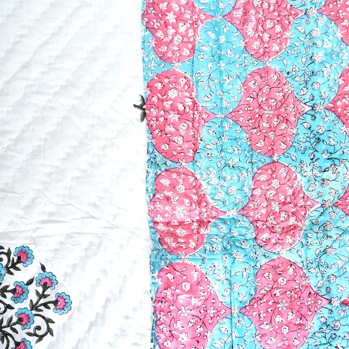 Blue and Red Floral Reversible Hand Block Printed Cotton Quilt