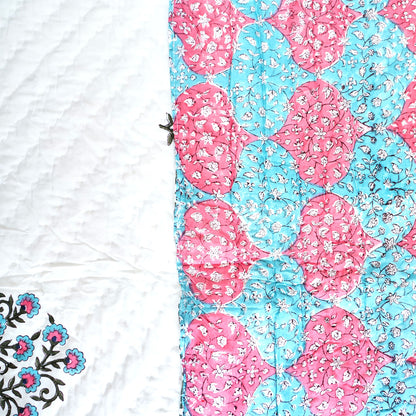 Blue and Red Floral Reversible Hand Block Printed Cotton Quilt