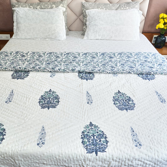 Blush Blue Elegance Reversible Hand Block Printed Cotton Quilt