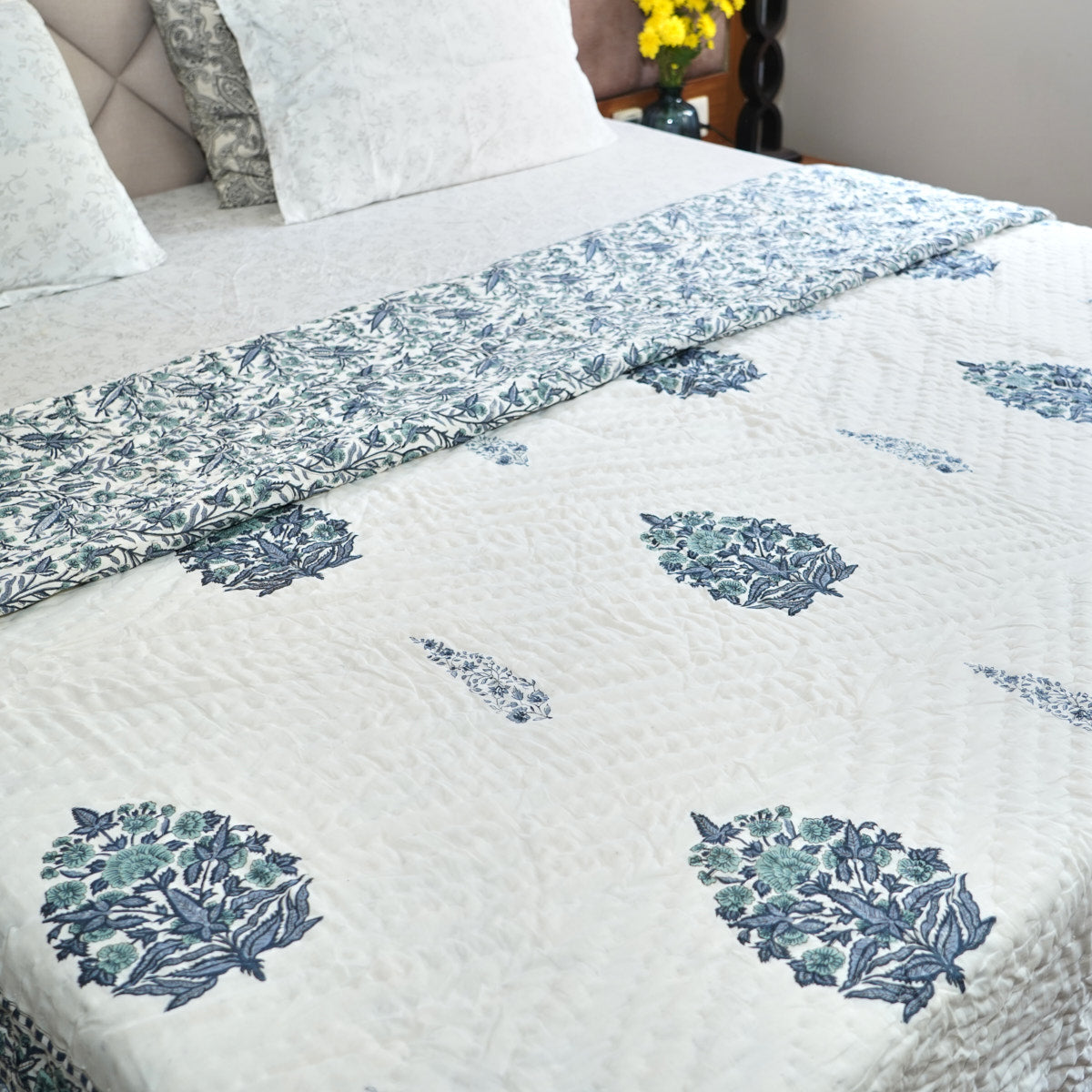 Blush Blue Elegance Reversible Hand Block Printed Cotton Quilt