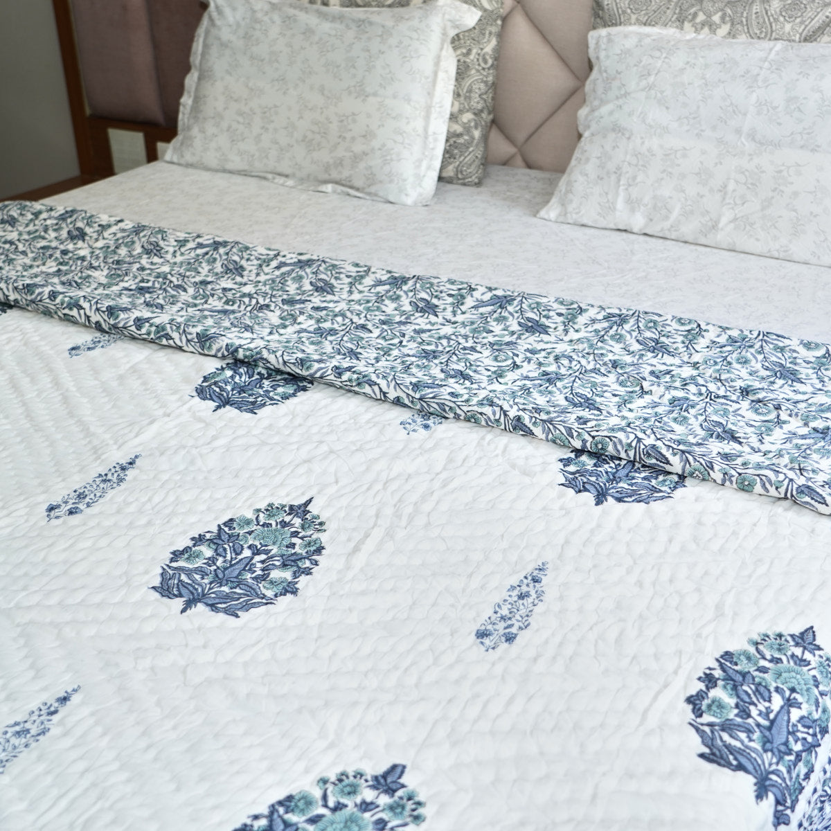 Blush Blue Elegance Reversible Hand Block Printed Cotton Quilt