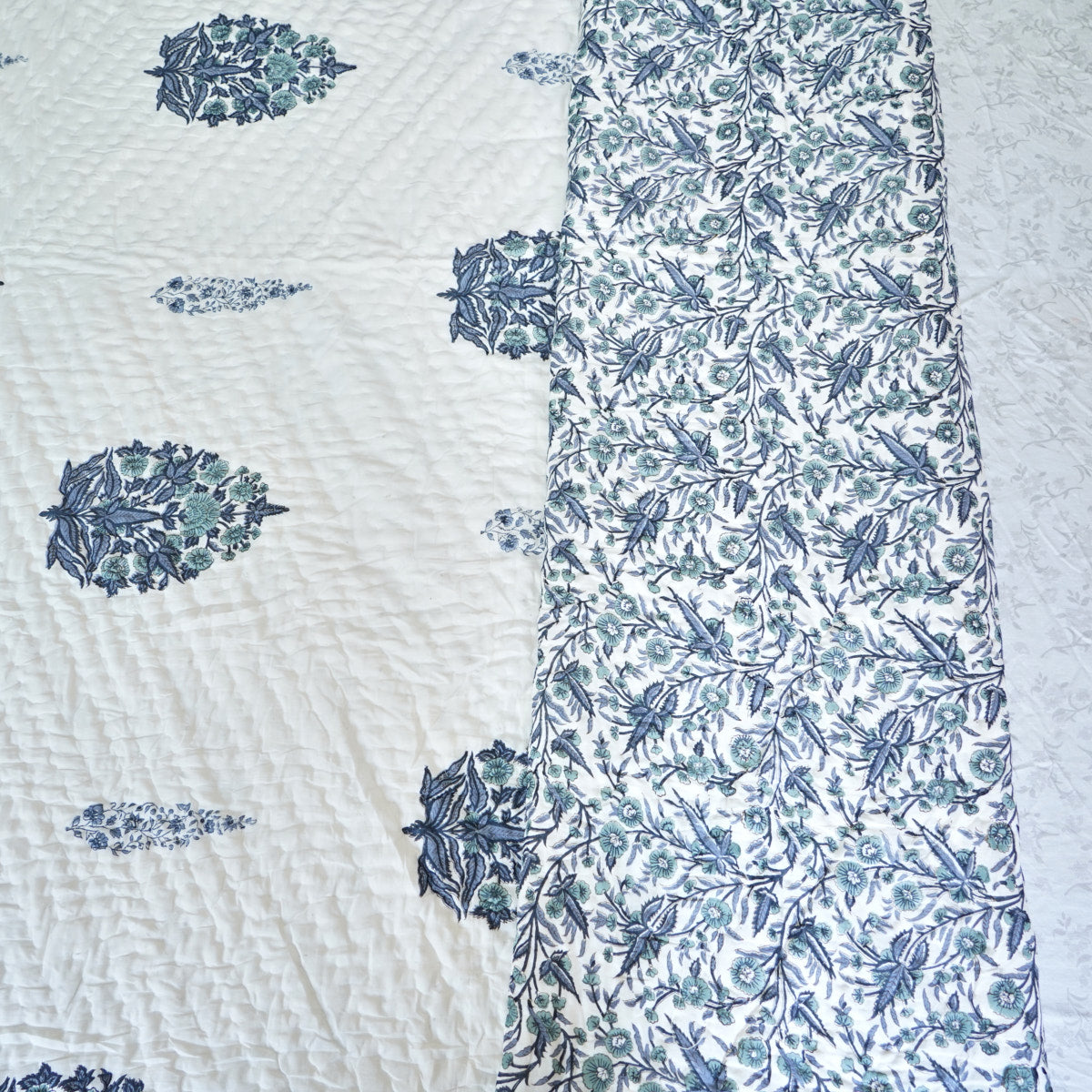 Blush Blue Elegance Reversible Hand Block Printed Cotton Quilt