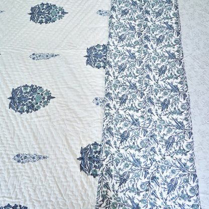 Blush Blue Elegance Reversible Hand Block Printed Cotton Quilt