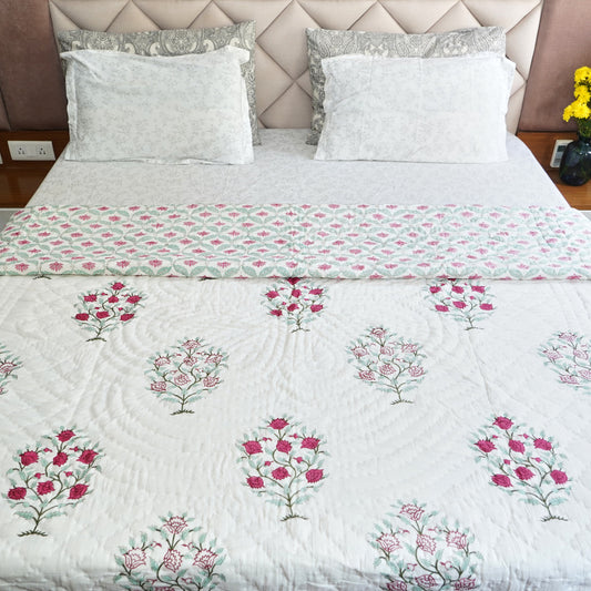 Blushing Red Reversible Hand Block Printed Cotton Quilt