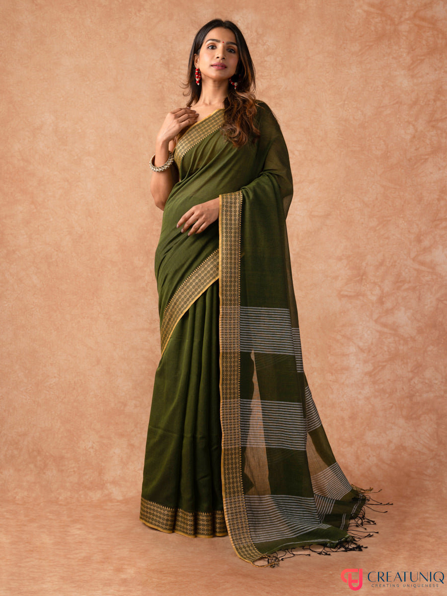 Bomkai Border Pure Cotton Handloom Saree – Green & White Stripes