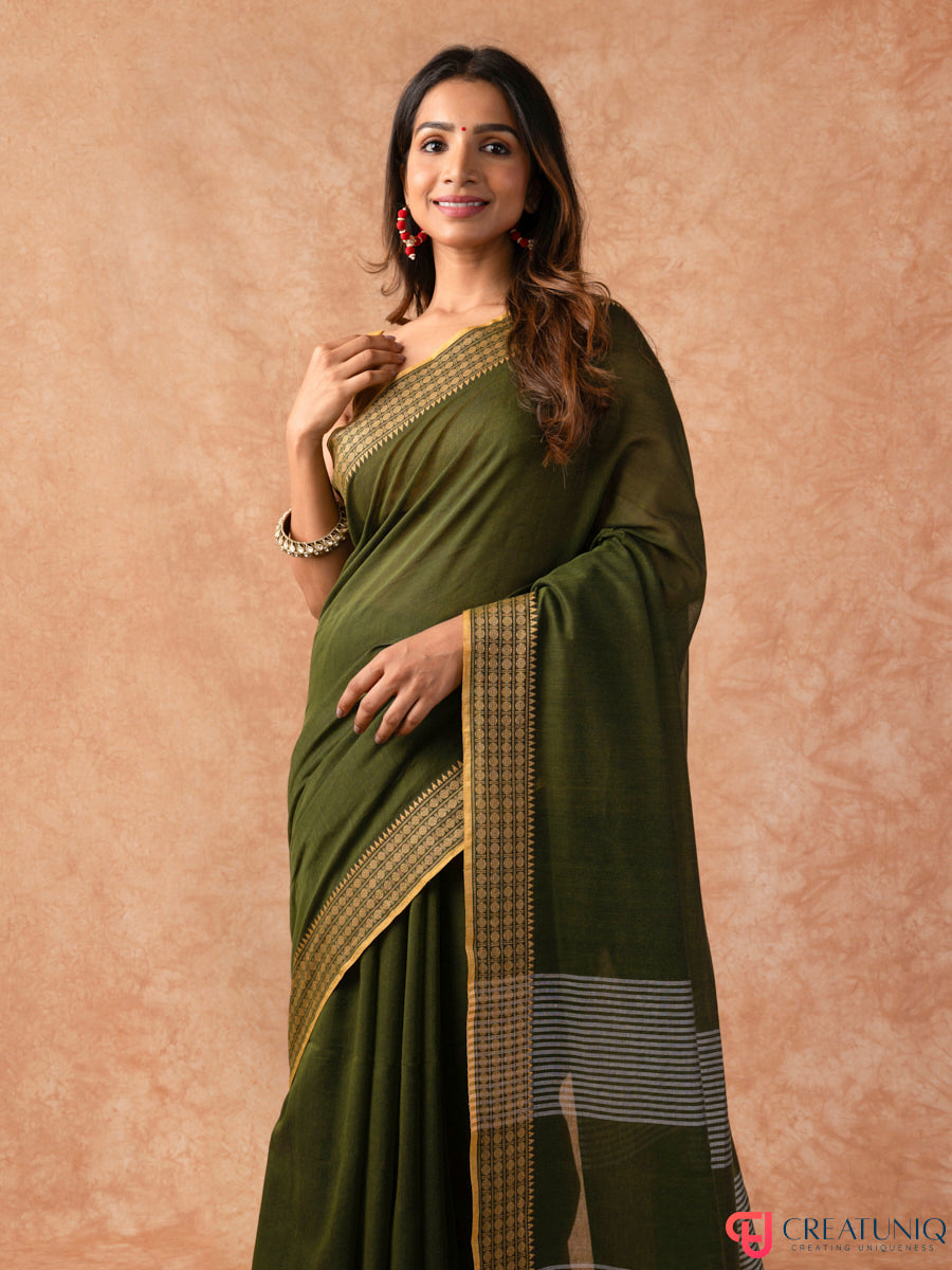 Bomkai Border Pure Cotton Handloom Saree – Green & White Stripes