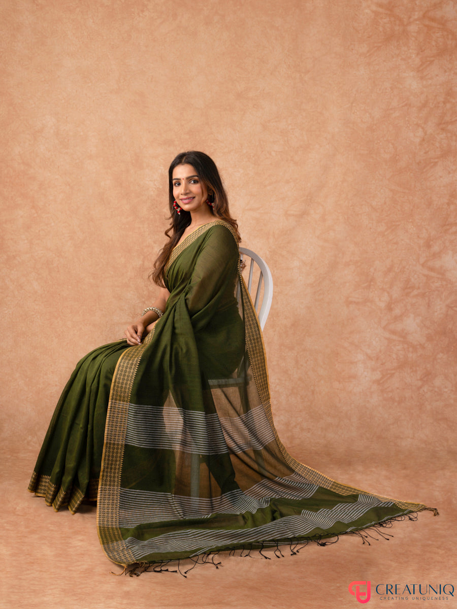 Bomkai Border Pure Cotton Handloom Saree – Green & White Stripes