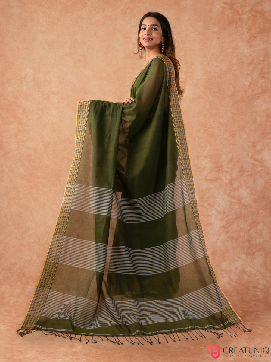 Bomkai Border Pure Cotton Handloom Saree – Green & White Stripes