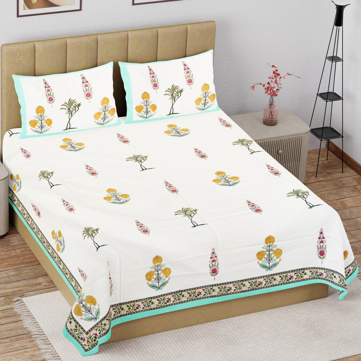 Botanical Bliss Hand Block Printed Cotton Bedsheet