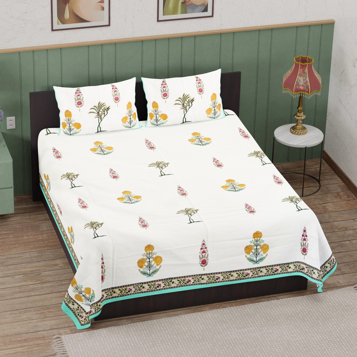 Botanical Bliss Hand Block Printed Cotton Bedsheet