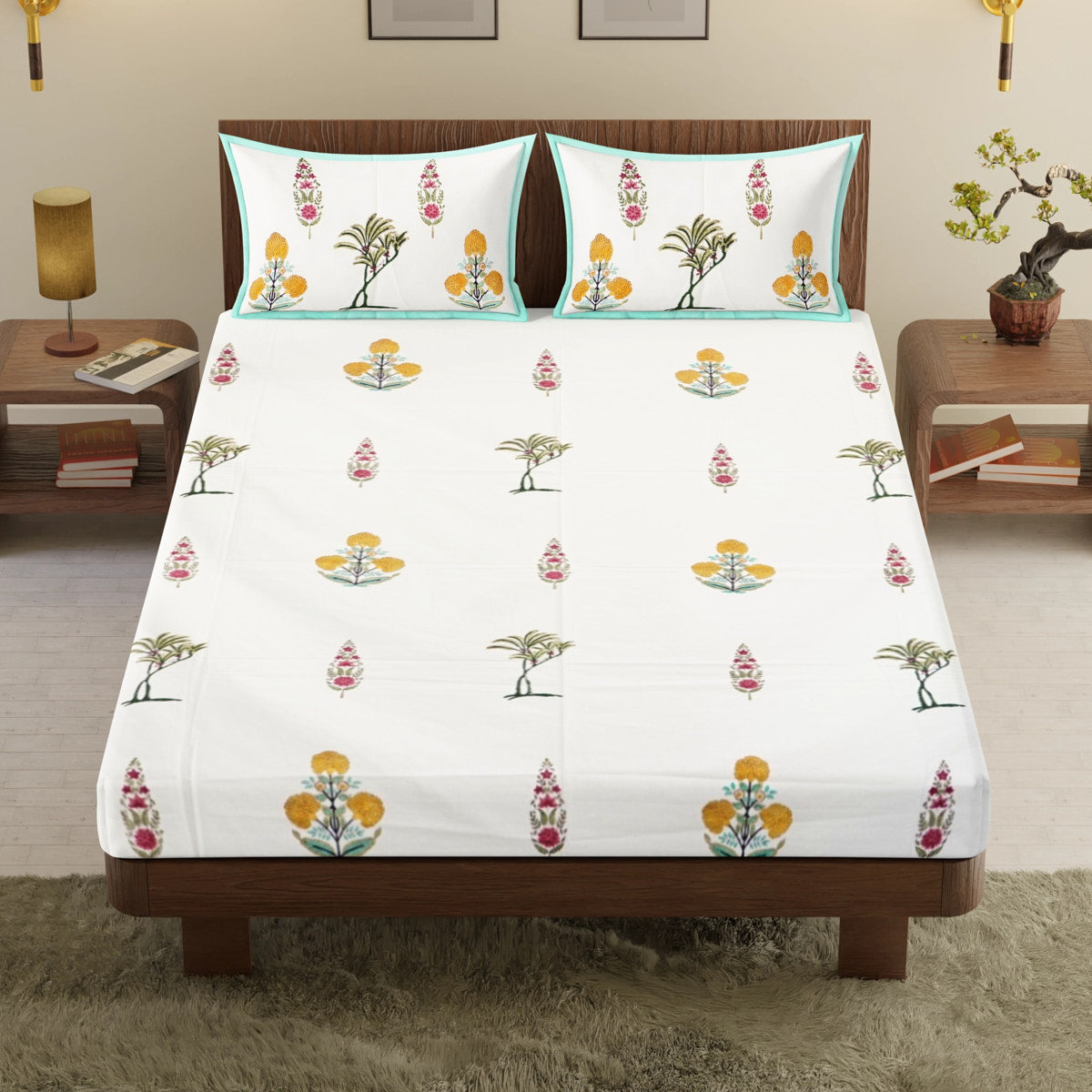 Botanical Bliss Hand Block Printed Cotton Bedsheet