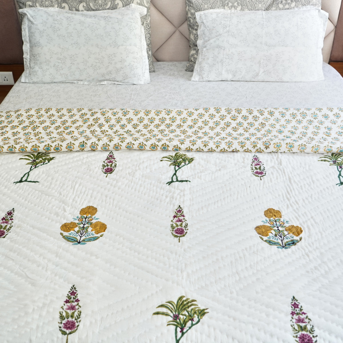 Botanical Bliss Reversible Hand Block Printed Cotton Quilt